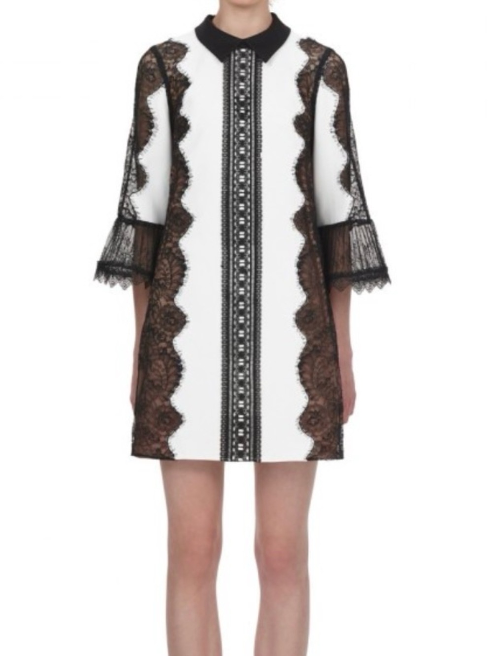 Self-Portrait White Mini Dress with Black Lace Trim